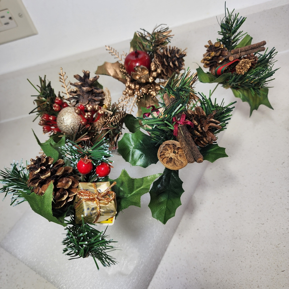 Vintage Floral Picks. Festive Holiday Pinecones and Ornaments Set Of 5